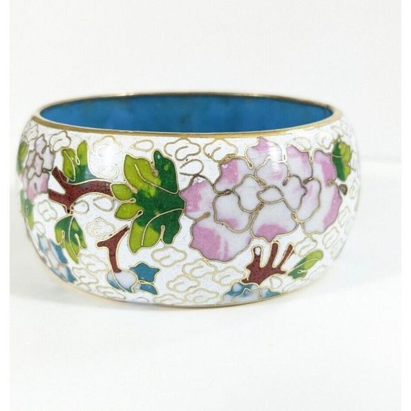 Large Wide Vintage Cloisonne Enamel Bangle Bracelet - Flowers Leaves Clouds - Picture 2 of 16